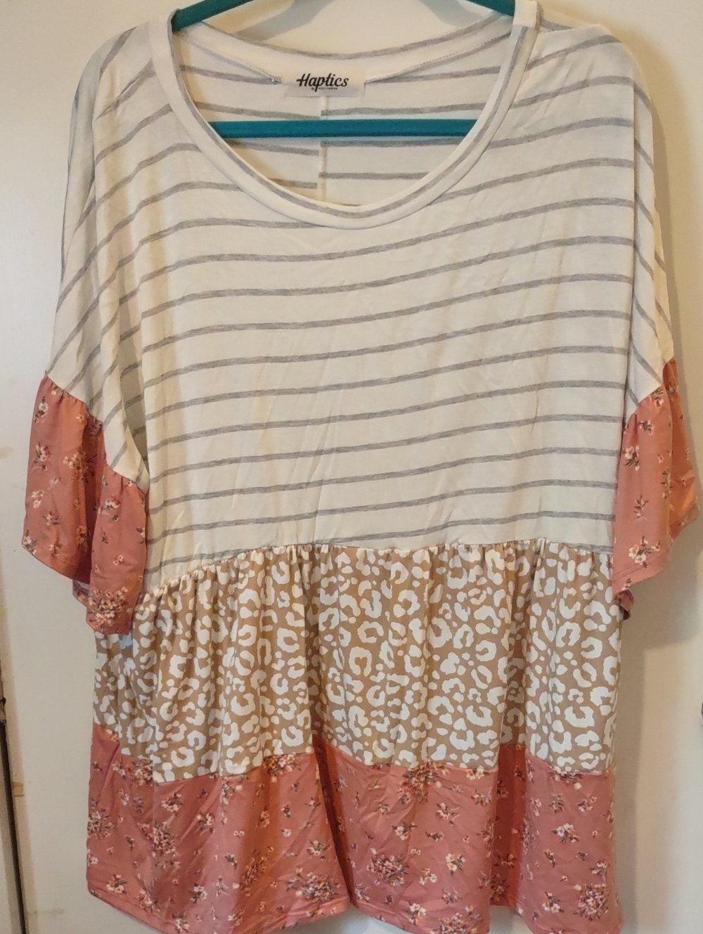 Haptics Women's Ivory Striped and Dusty Rose Floral Patchwork Top